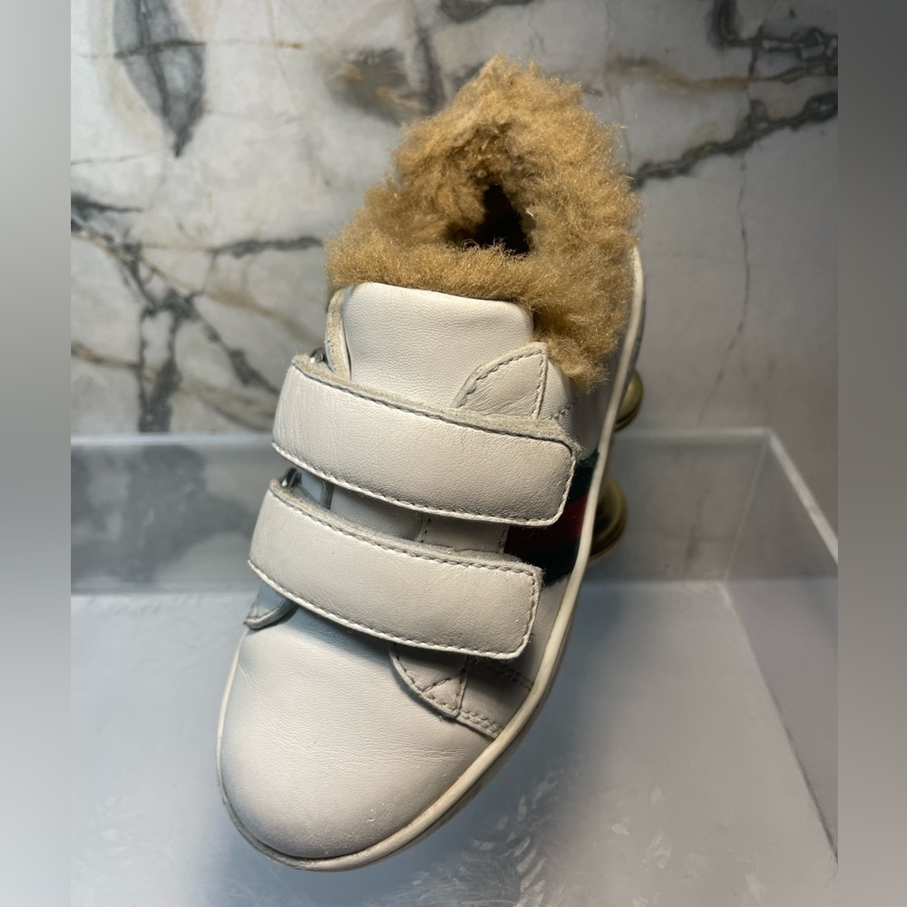 GUCCI Youth sz 14 INCHES 7 ace fur lined White leather snearker made in italy - Picture 14 of 16